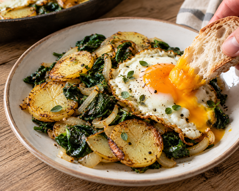 Patate, spinaci e uova in padella: la cena contadina semplice e gustosa