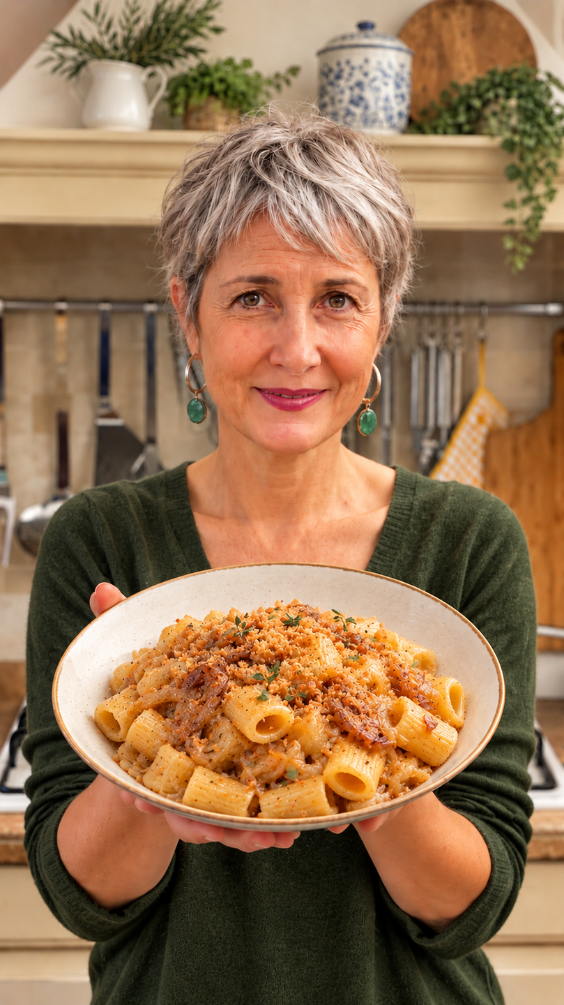 Ritratto in cucina con rigatoni croccanti con cipolle e acciughe
