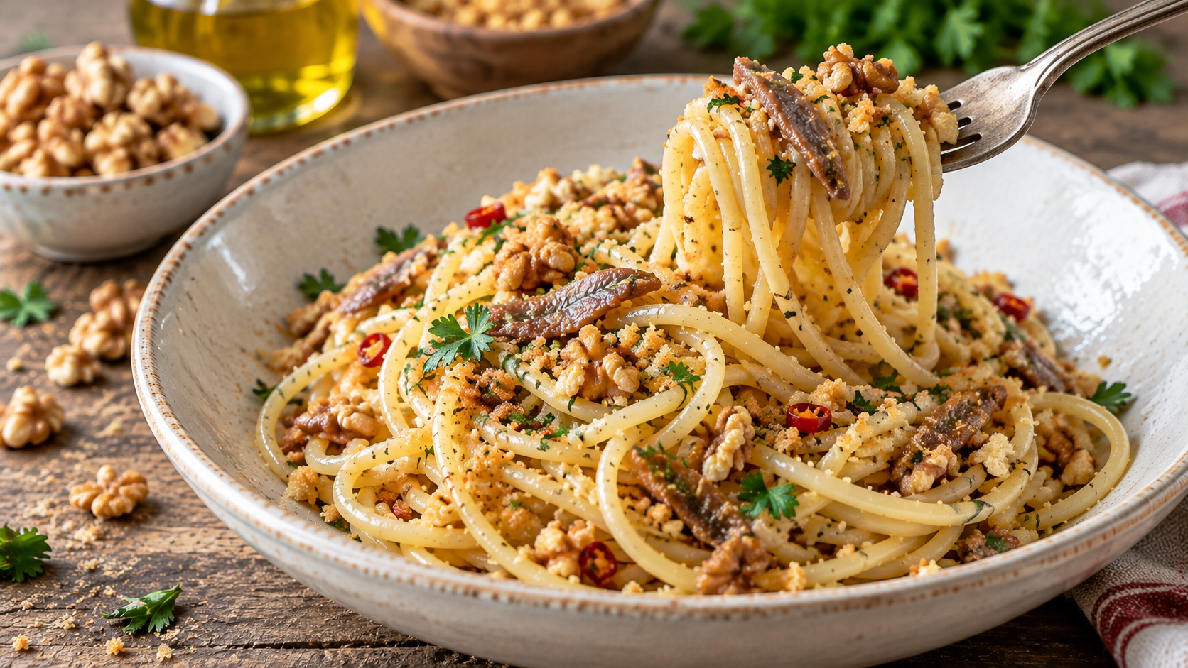 Spaghetti alla poverella: ricetta facile con acciughe, noci e pangrattato croccante