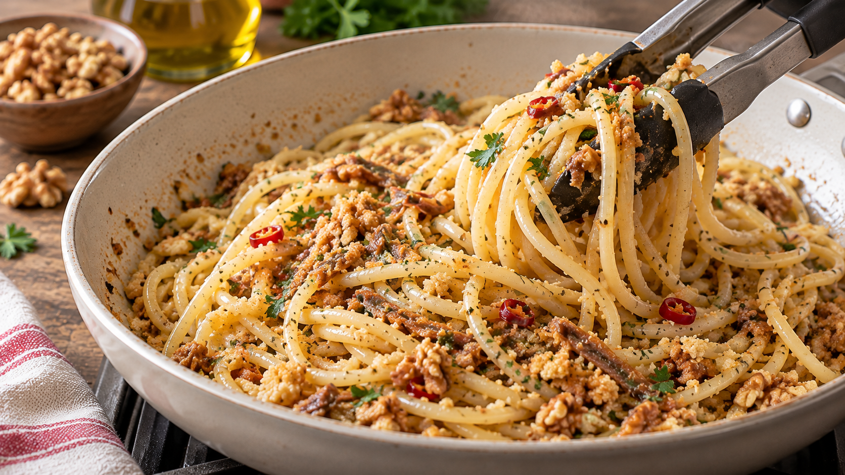 Spaghetti rustici con noci e acciughe