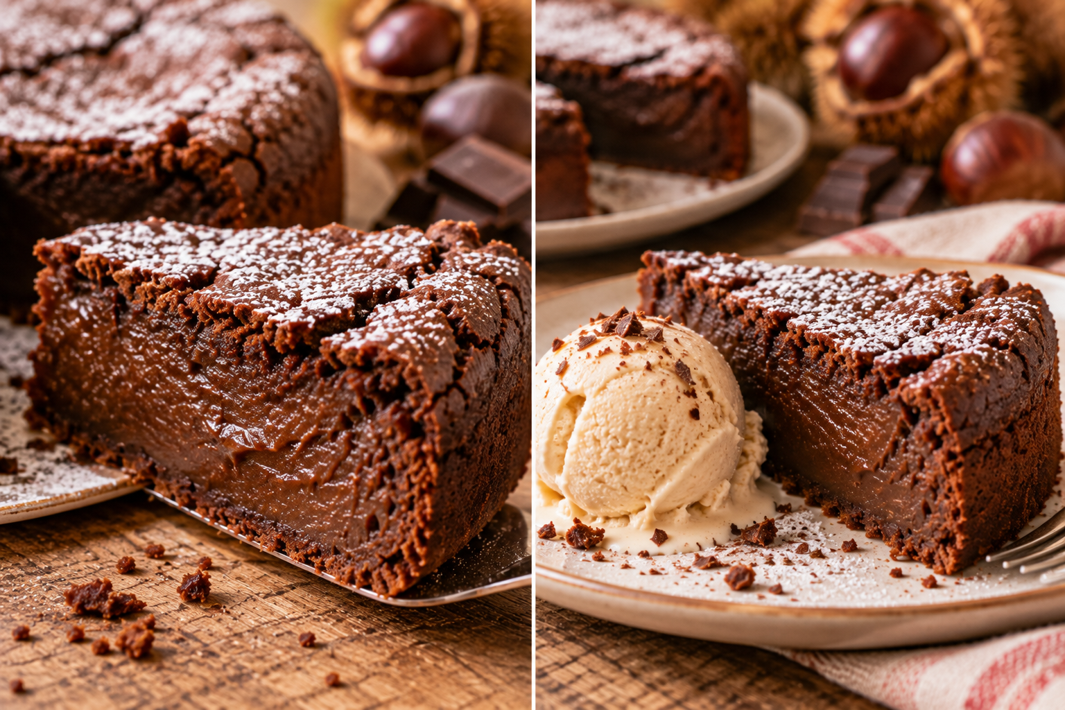 Torta al cioccolato con castagne e gelato
