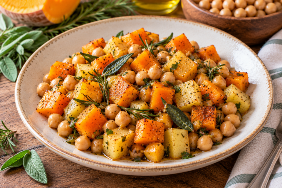 Zucca, patate e ceci alle erbe