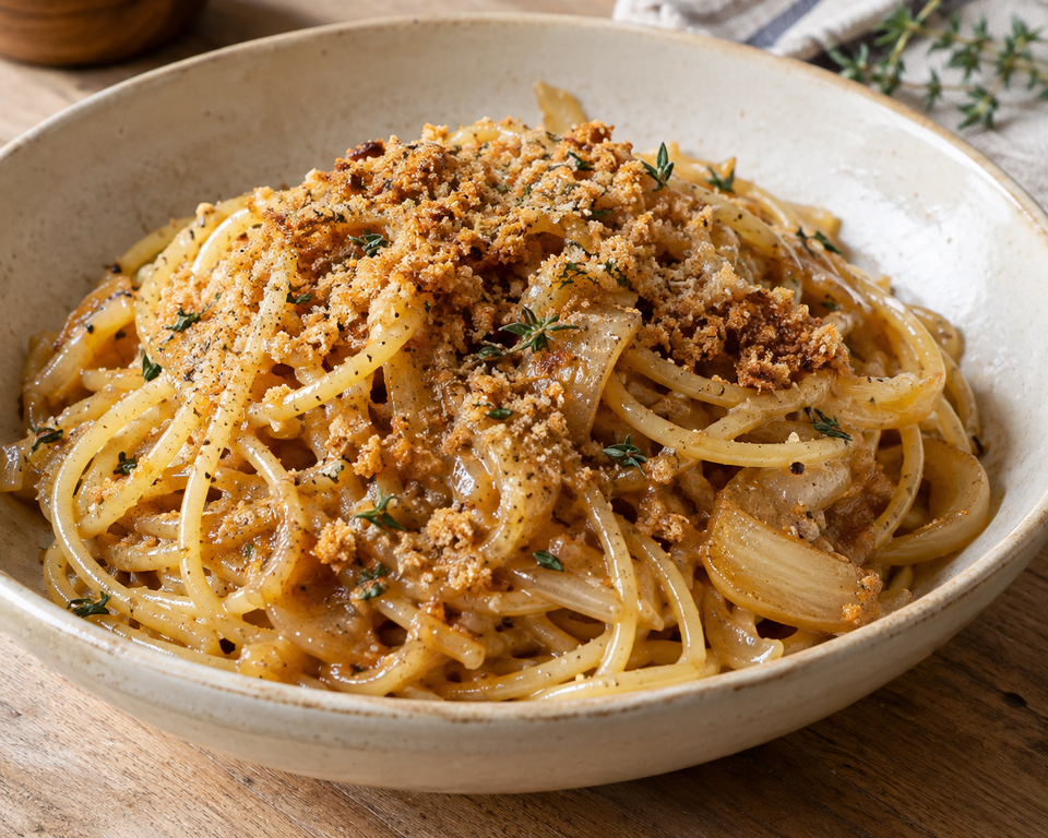 Spaghetti con cipolle e acciughe: cremosa e con pangrattato croccante
