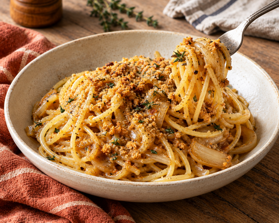 Pasta con cipolle e acciughe: cremosa e con pangrattato croccante