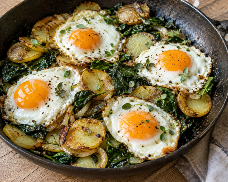 Patate, spinaci e uova in padella: la cena contadina semplice e gustosa