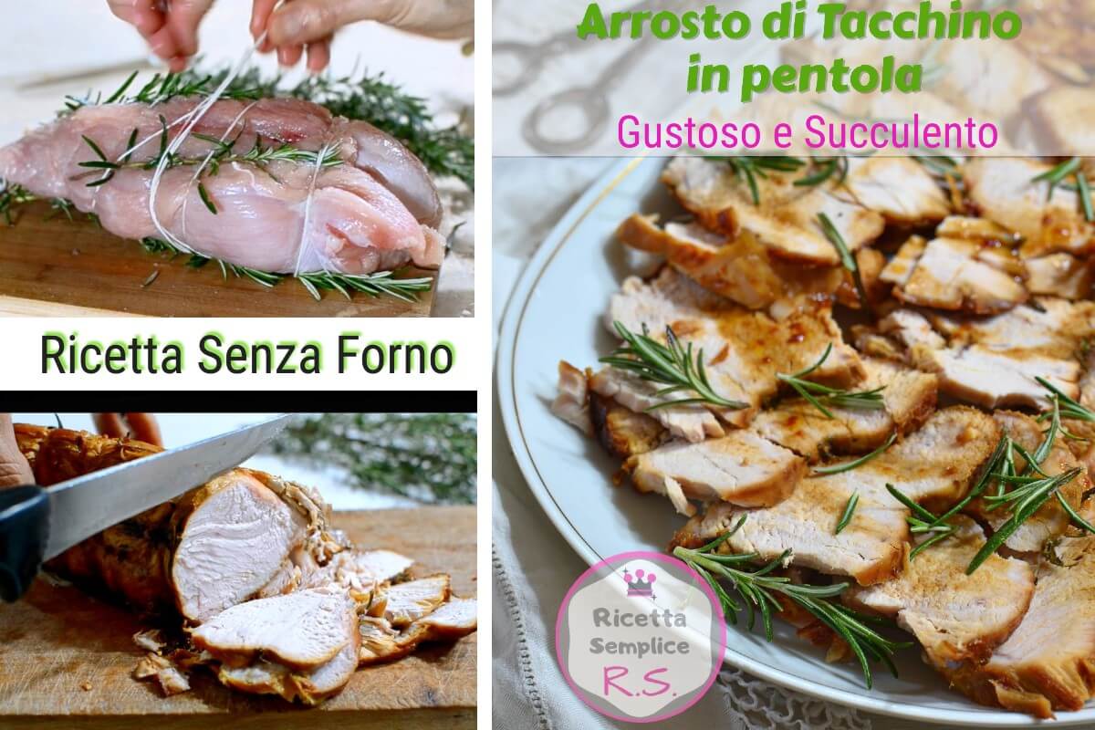 Arrosto di tacchino in pentola con rosmarino, fette su piatto bianco con fondo di cottura