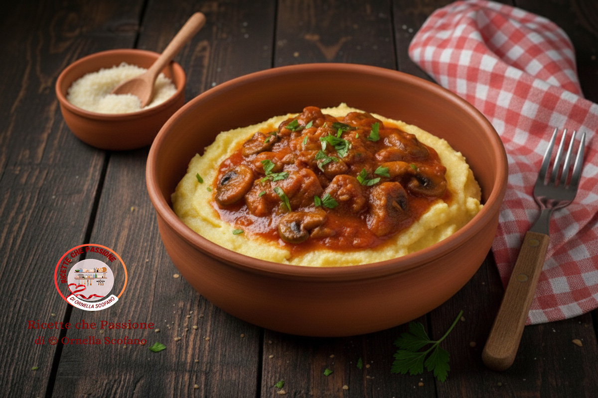 ricetta polenta con ragù di salsiccia e funghi veloce