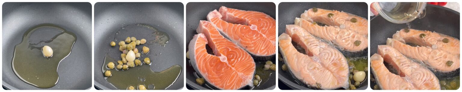 tranci di salmone alla mediterranea con olive e capperi