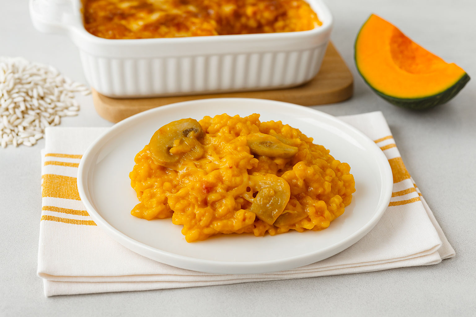 riso al forno con zucca funghi e pancetta