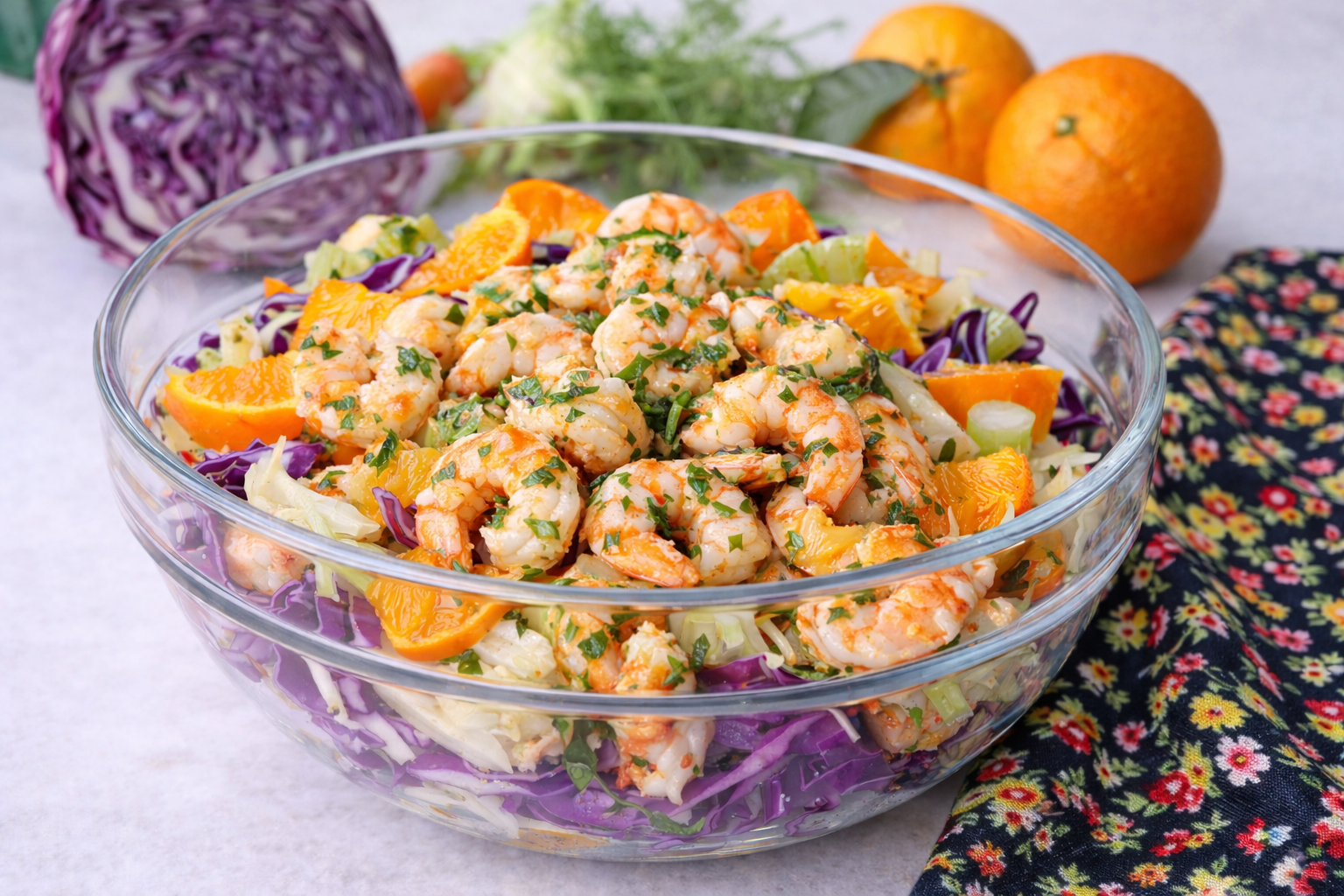insalata di cavolo cappuccio con gamberi e arance