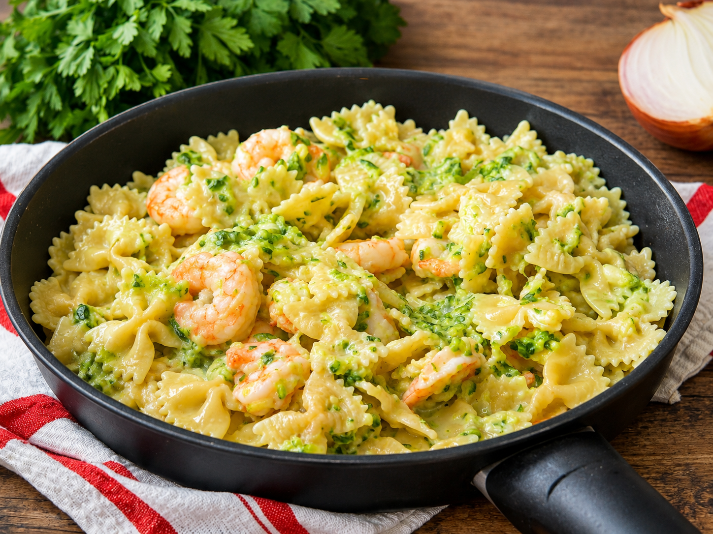 Pasta zucchine e gamberetti cremosa: il primo estivo pronto in 15 minuti