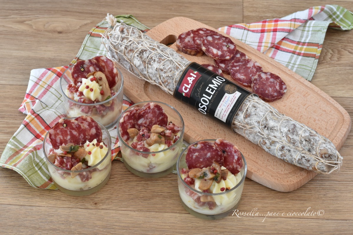 Bicchieri di Pure di Patate con Funghi e Salame la Ricetta Antipasto facile  - Rossella pane e cioccolato