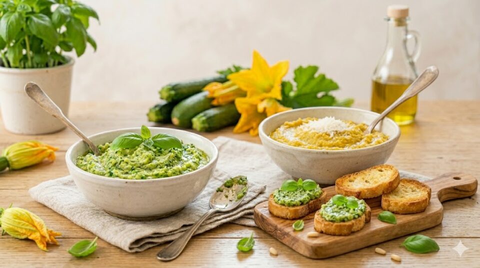 Pesto di zucchine e pesto di fiori di zucca