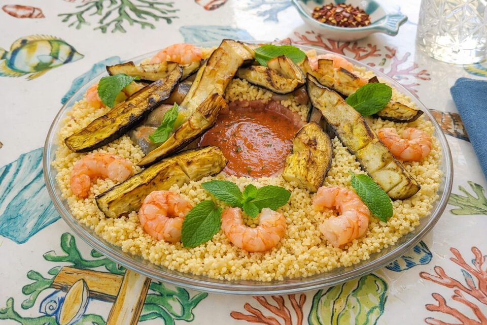 Couscous con gel di gamberoni e verdure