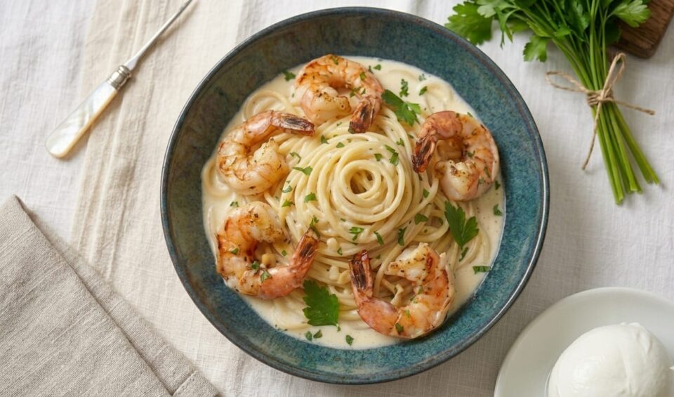 Spaghetti cremosi con gamberoni e crema di provola