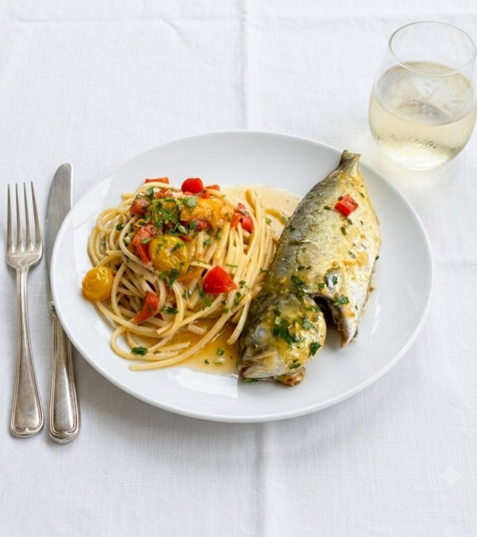 Spaghetti con brodetto di ricciola o cavagnola.