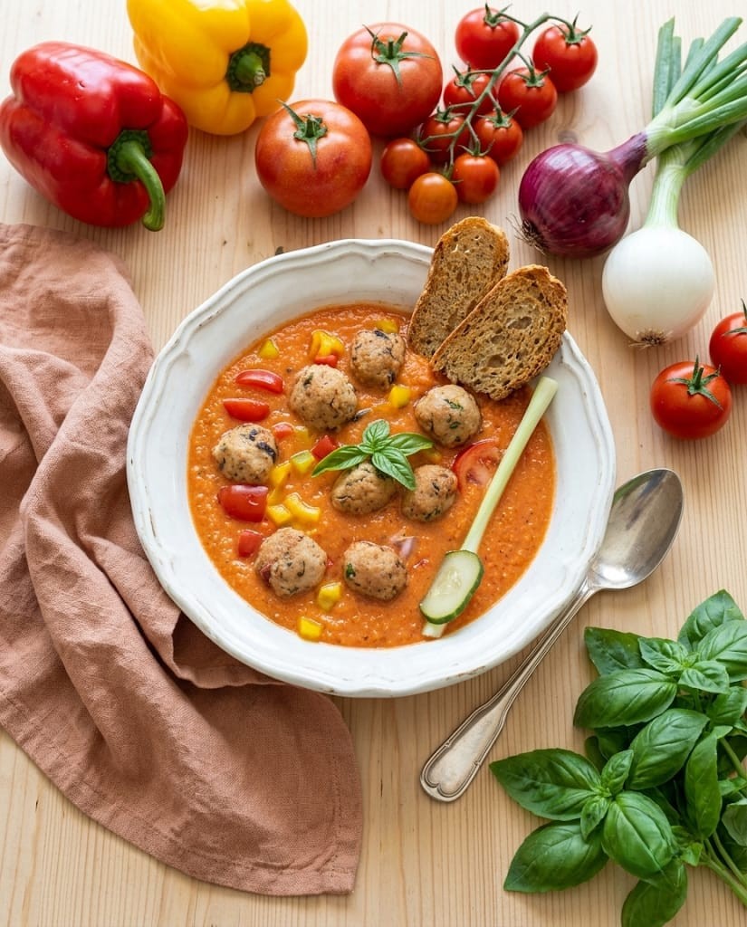 Gazpacho con polpettine di pesce