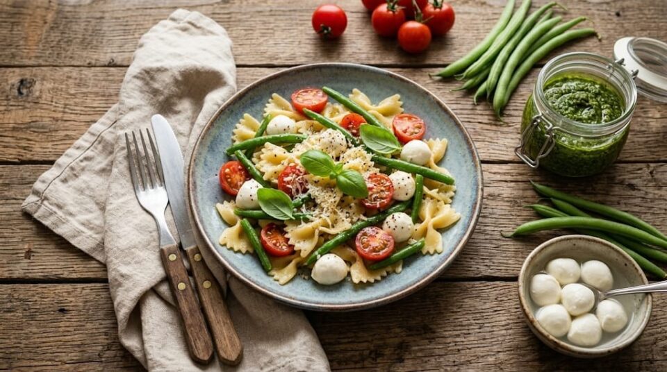 Pasta fredda con fagiolini pesto mozzarella e pomodorini