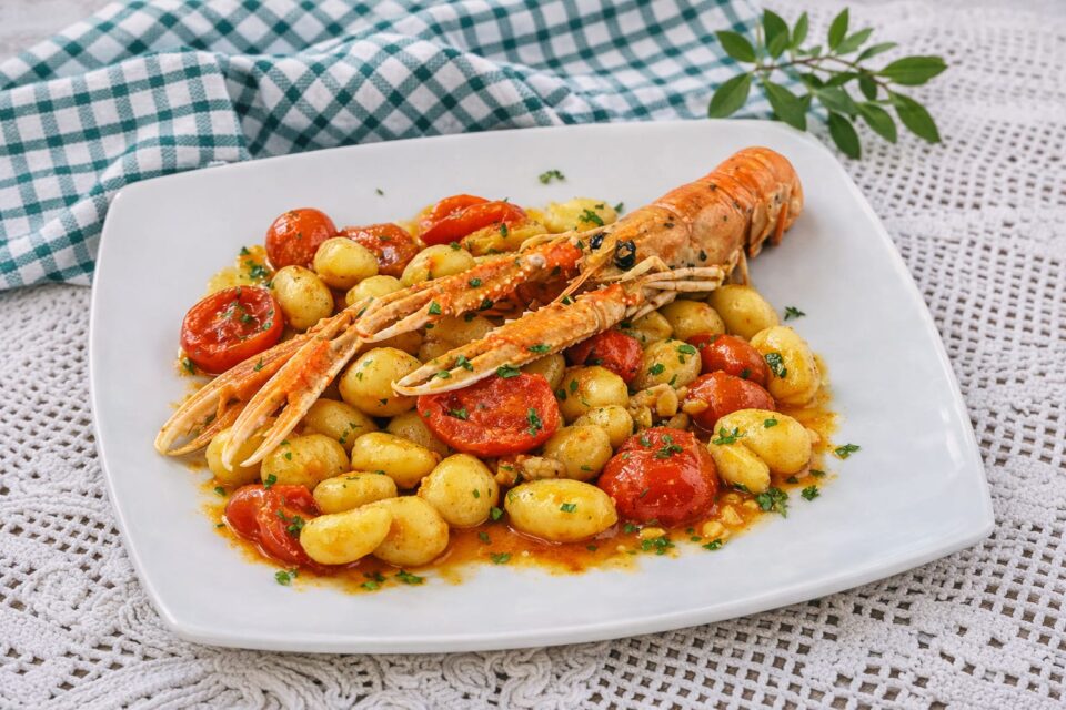 Gnocchi con  scampi e pomodorini
