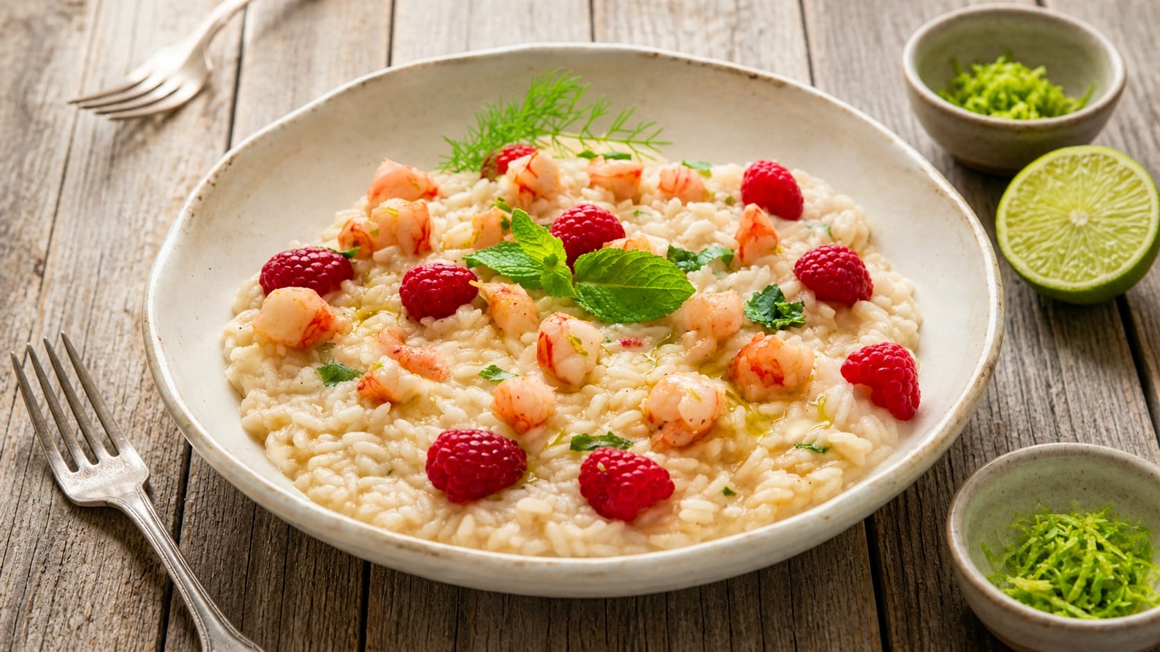 Risotto cremoso gamberoni e lamponi