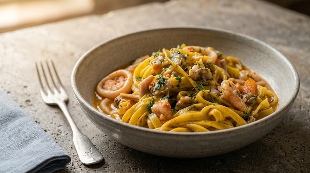 Tagliatelle al ragù di pesce in bianco