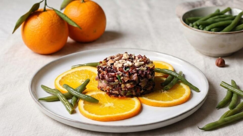 Riso rosso con pesce e fagiolini