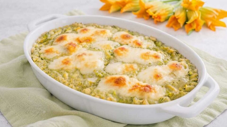 Pasta filante gratinata con crema e fiori di zucca