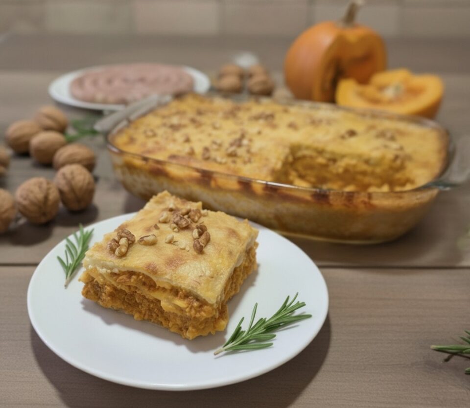 Le lasagne con zucca salsiccia provola