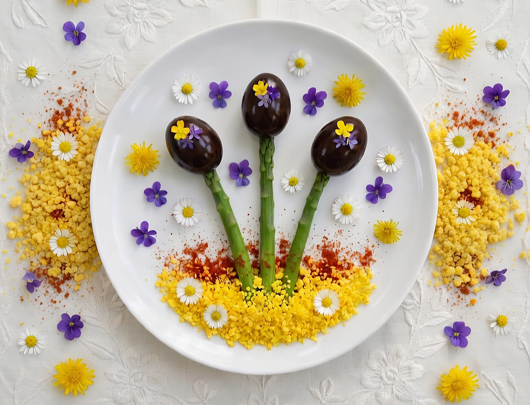 Antipasto di asparagi e uova viola con fiori eduli
