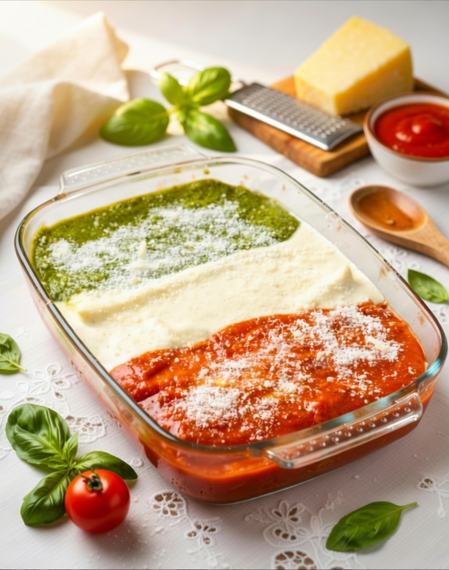 Lasagne ai tre colori con pesto, besciamella e ragù