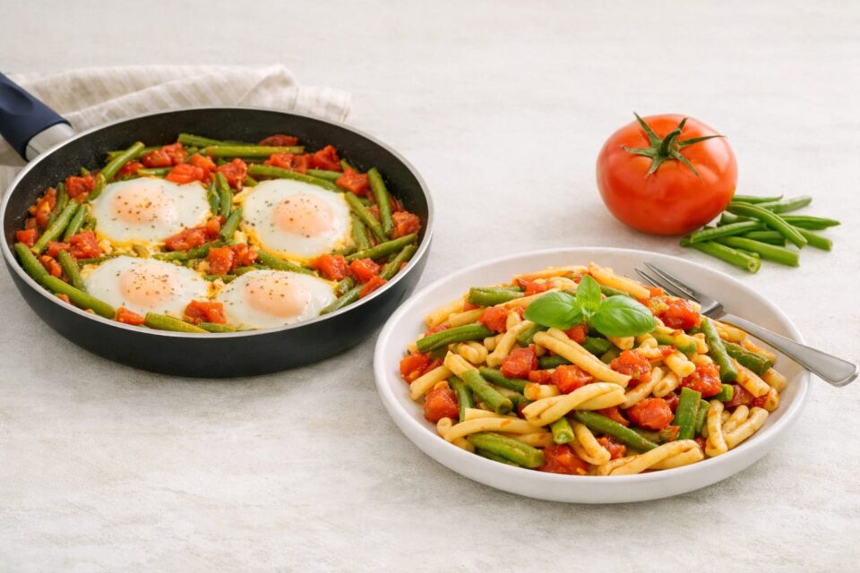 Fagiolini al sugo con pasta e uova