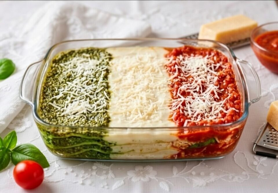 Lasagne ai tre colori con pesto, besciamella e ragù  
