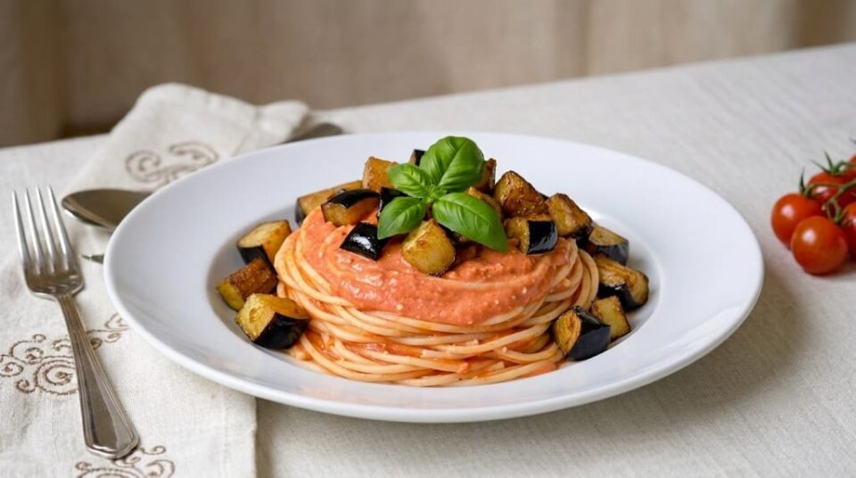 Pasta al sugo con ricotta e melanzane