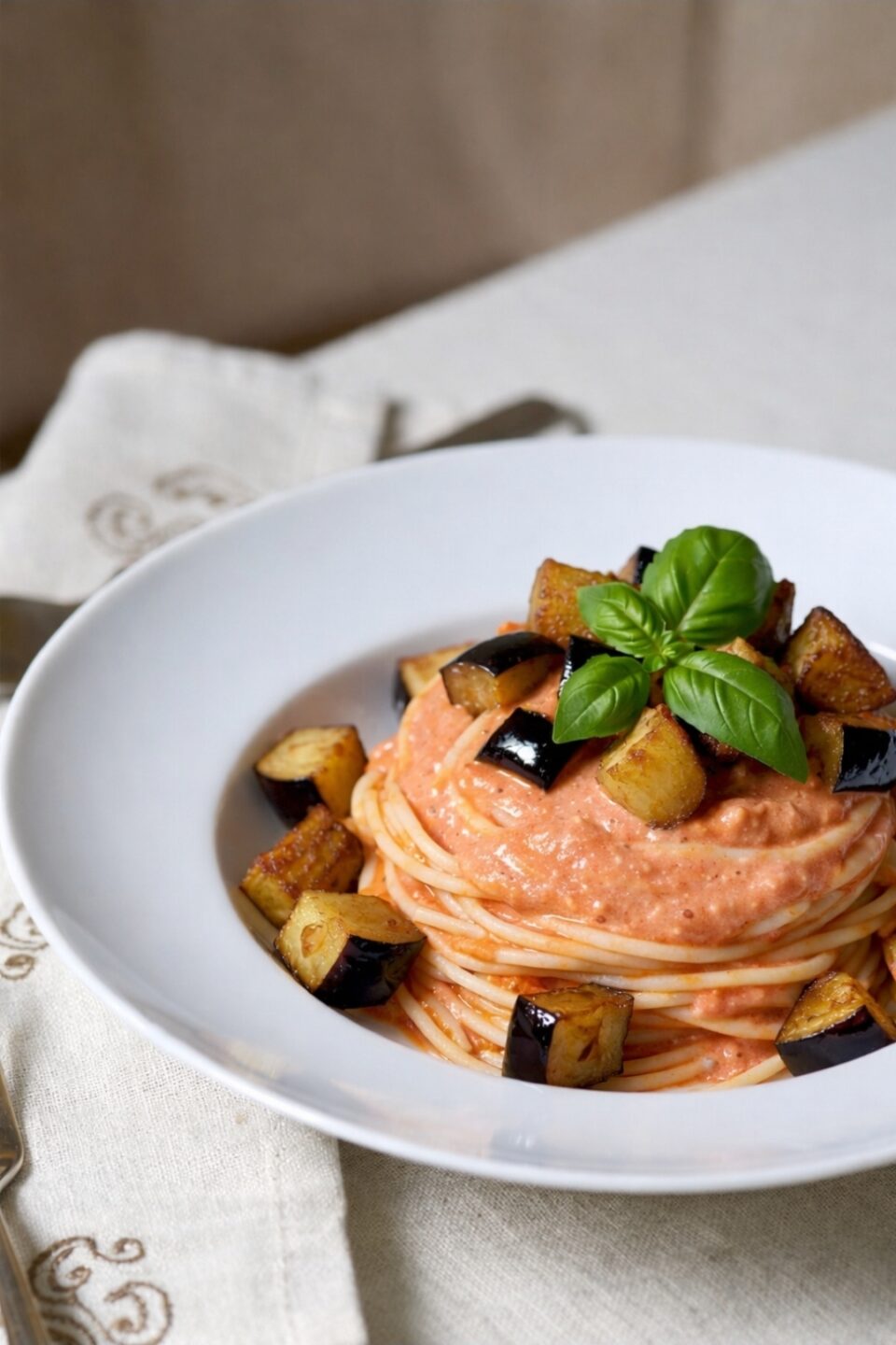 Pasta al sugo con ricotta e melanzane 