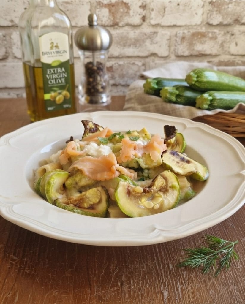 Pasta cremosa con zucchine salmone e burrata