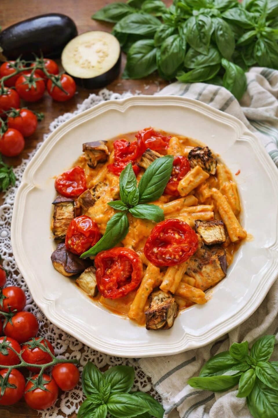 Pasta cremosa pomodorini e melanzane e basilico
