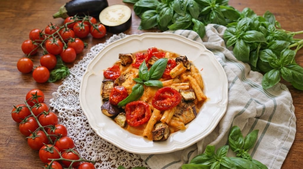 Pasta cremosa pomodorini e melanzane e basilico