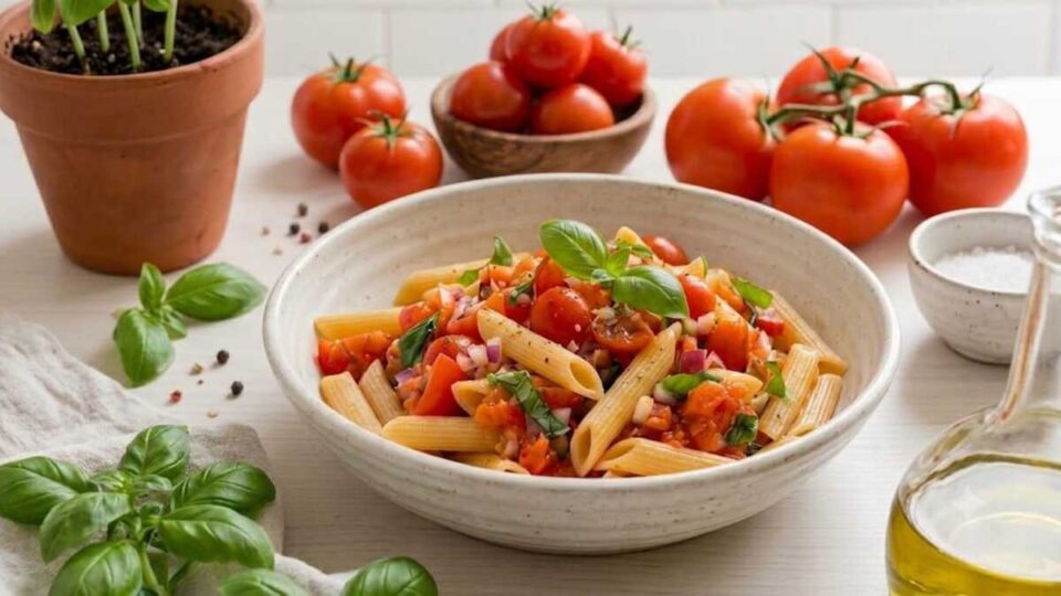Pasta fredda con pomodorini e cipolla marinati insieme