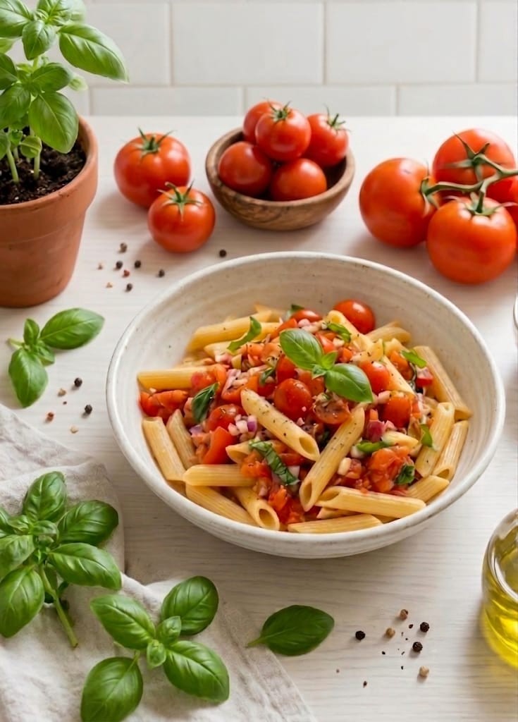 Pasta fredda con pomodorini e cipolla marinati insieme