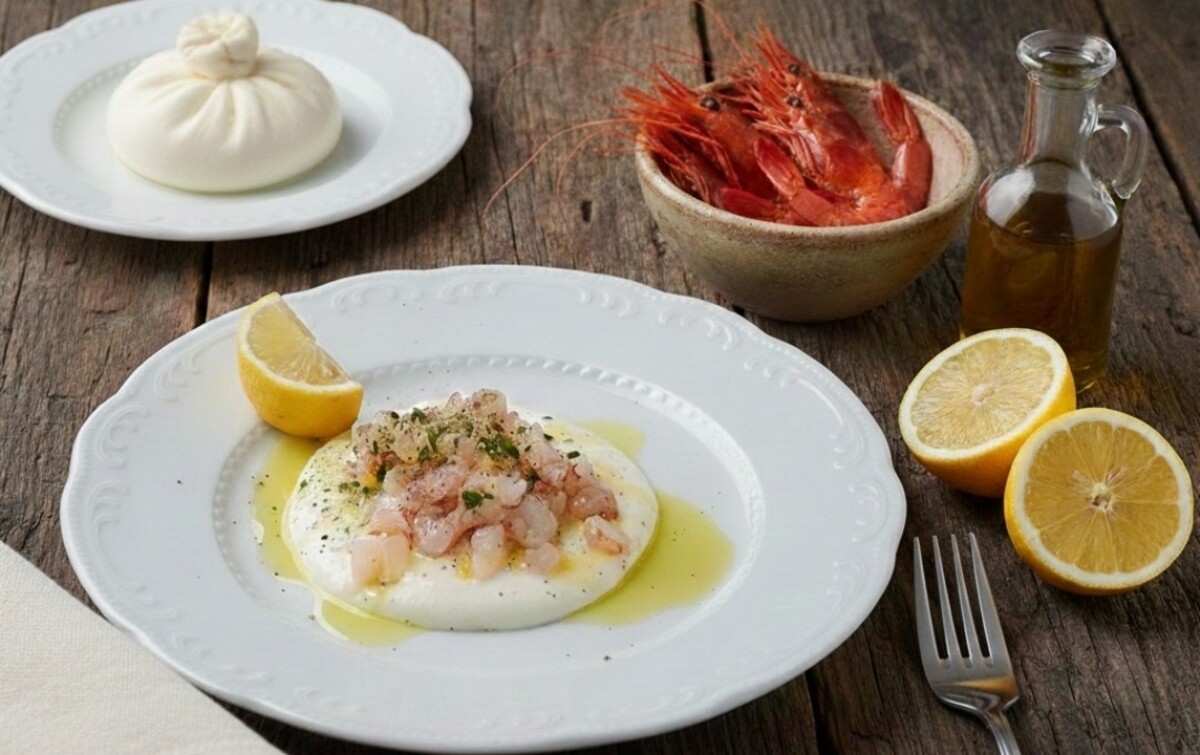Tartare di gamberi su burrata al profumo di limone
