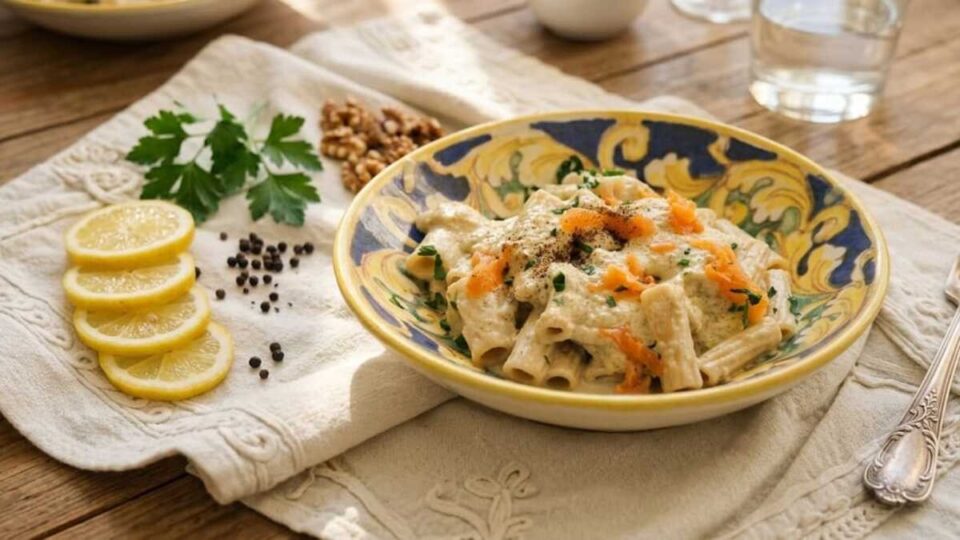 Pasta cremosa con pesto di limoni noci e salmone