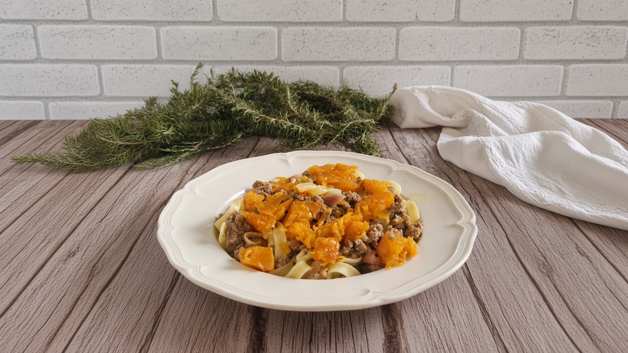 Tagliatelle al ragù bianco di zucca e carne