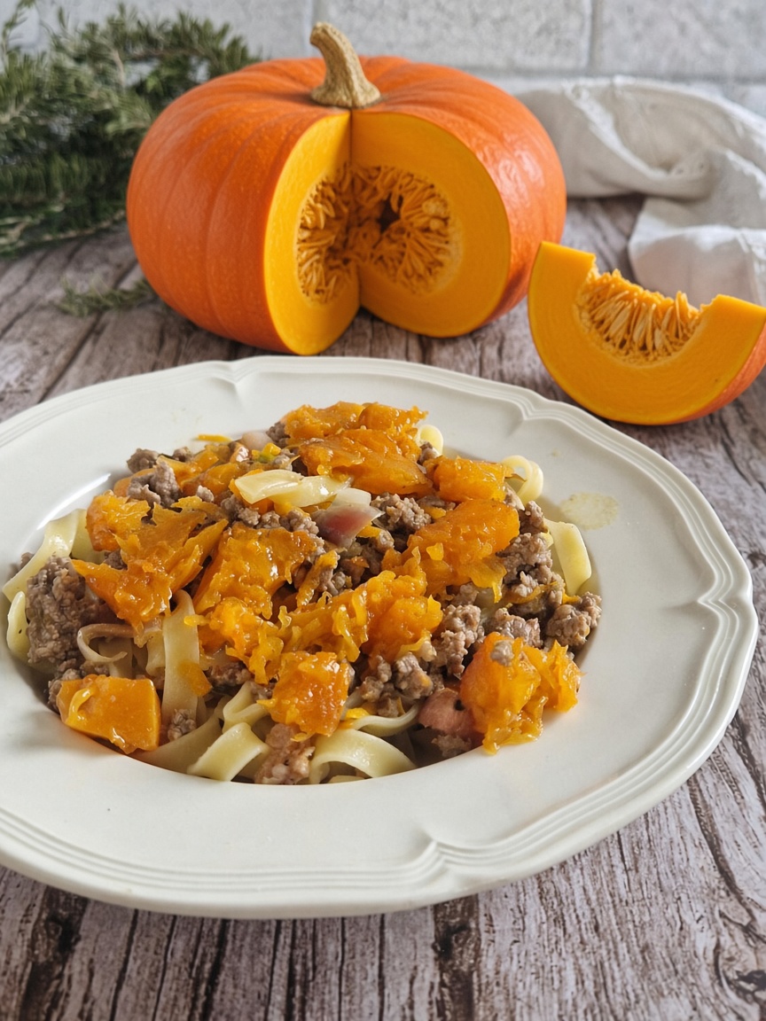 Tagliatelle al ragù bianco di zucca e carne