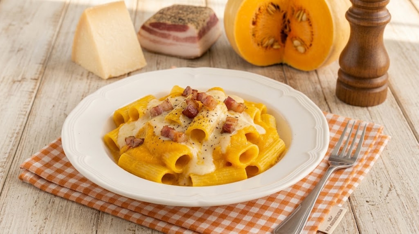 Rigatoni alla crema di zucca guanciale e pecorino Romano