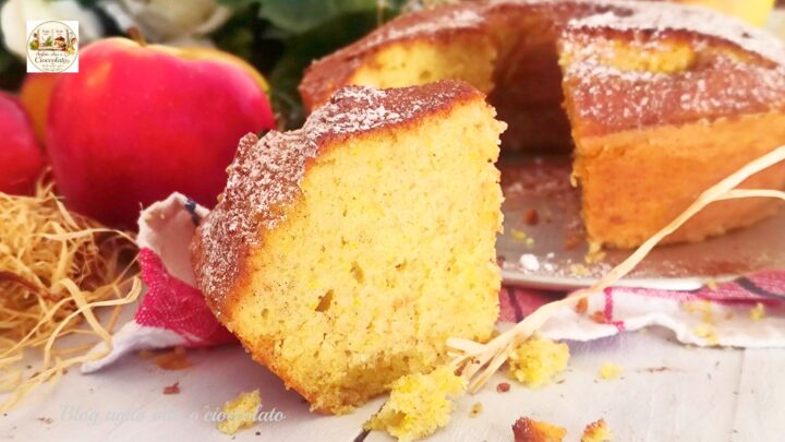 Fetta in primo piano di ciambellone soffice al succo di mela, cannella e arancia