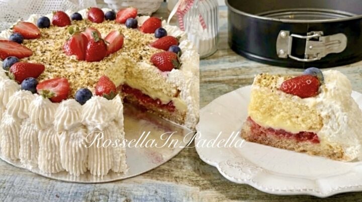 Torta con crema, fragole e panna, facile, bella e buona come quelle della pasticceria.