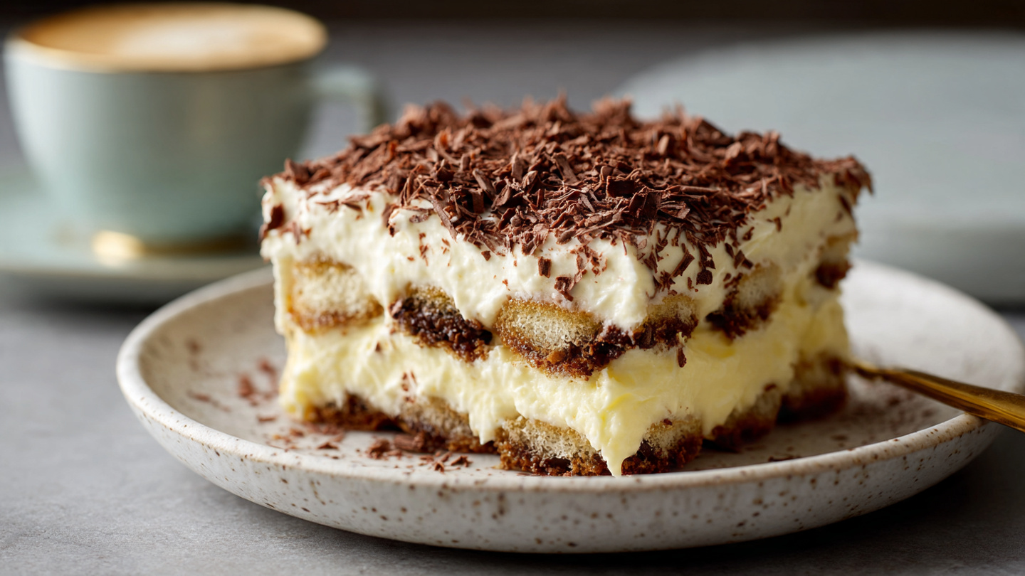 Fetta di tiramisù con crema pasticcera e scaglie di cioccolato su un piatto bianco