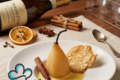Pera al Moscato con Crema inglese e cialda croccante alle mandorle