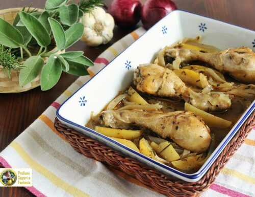 Fusi di pollo al forno con cipolle e patate