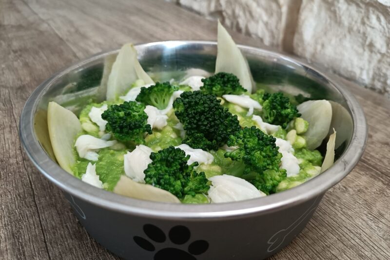Riso soffiato per cani con crema di piselli, broccoli, platessa e petali di finocchio: ricetta versatile